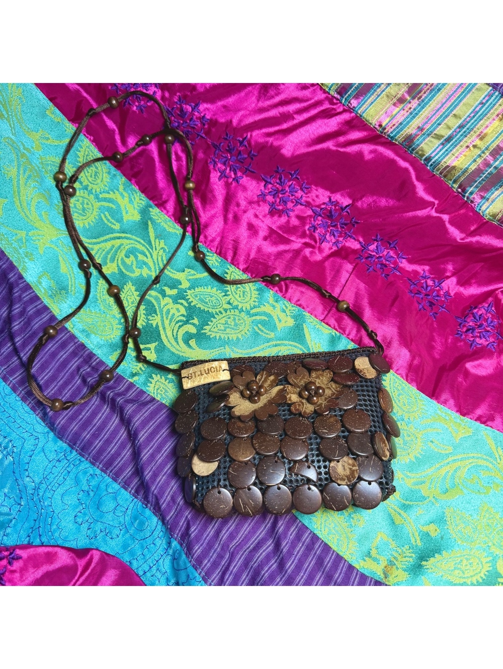 Vintage Handmade Beaded Coconut Shell Purse